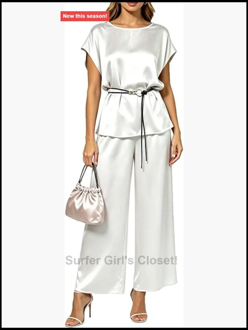 2-Piece Satin Set: Top with Belt & Wide Leg Pants, Dressy Suit
